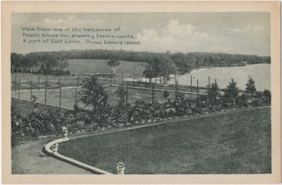 , View from one of the balconies of Beach Grove Inn, showing tennis courts, &#038; part of Golf
    Links. Prince Edward Island. (0171), PEI Postcards