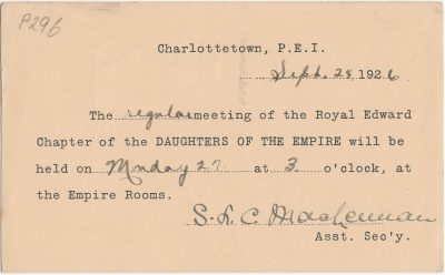 , Sep 24, 1926 Meeting of the Royal Edward Chapter of the Daughters of the Empire (0490), PEI Postcards