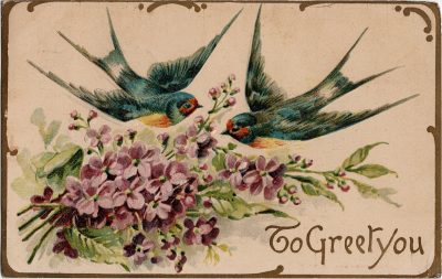 , To Greet You {greeting card with birds and flowers} (2247), PEI Postcards