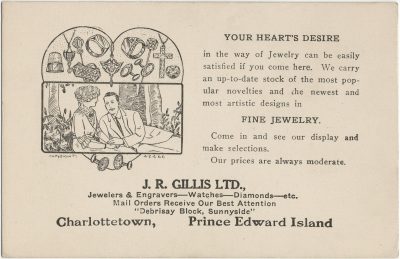 , J.R. Gillis Ltd, Jewelers &#038; Engravers &#8211; Watces &#8211; Diamonds &#8211; etc. Desbrisay Block, Sunnyside,
    Charlottetown, Prince Edward Island (2605), PEI Postcards